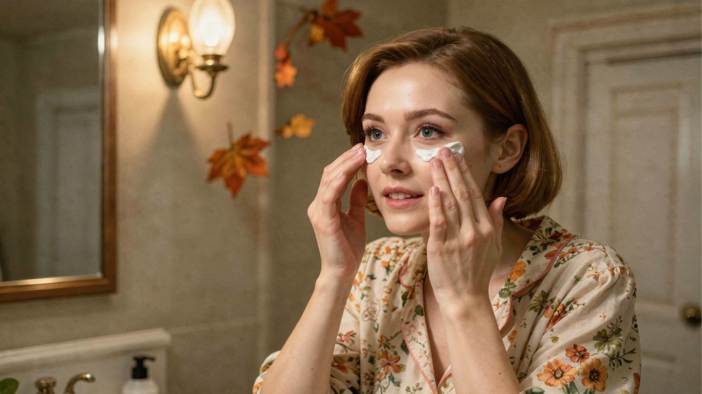 person applies eye cream in front of a mirror with autumn leaves visible in the background.png