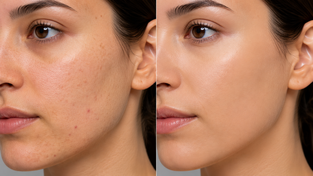 side-by-side comparison of uneven textured skin with blemishes and smooth, clear, even-toned facial skin.