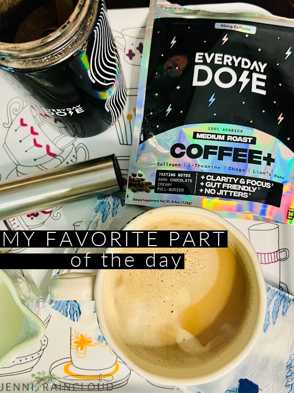 Everyday Dose bag of mushroom coffee and a cup of coffee